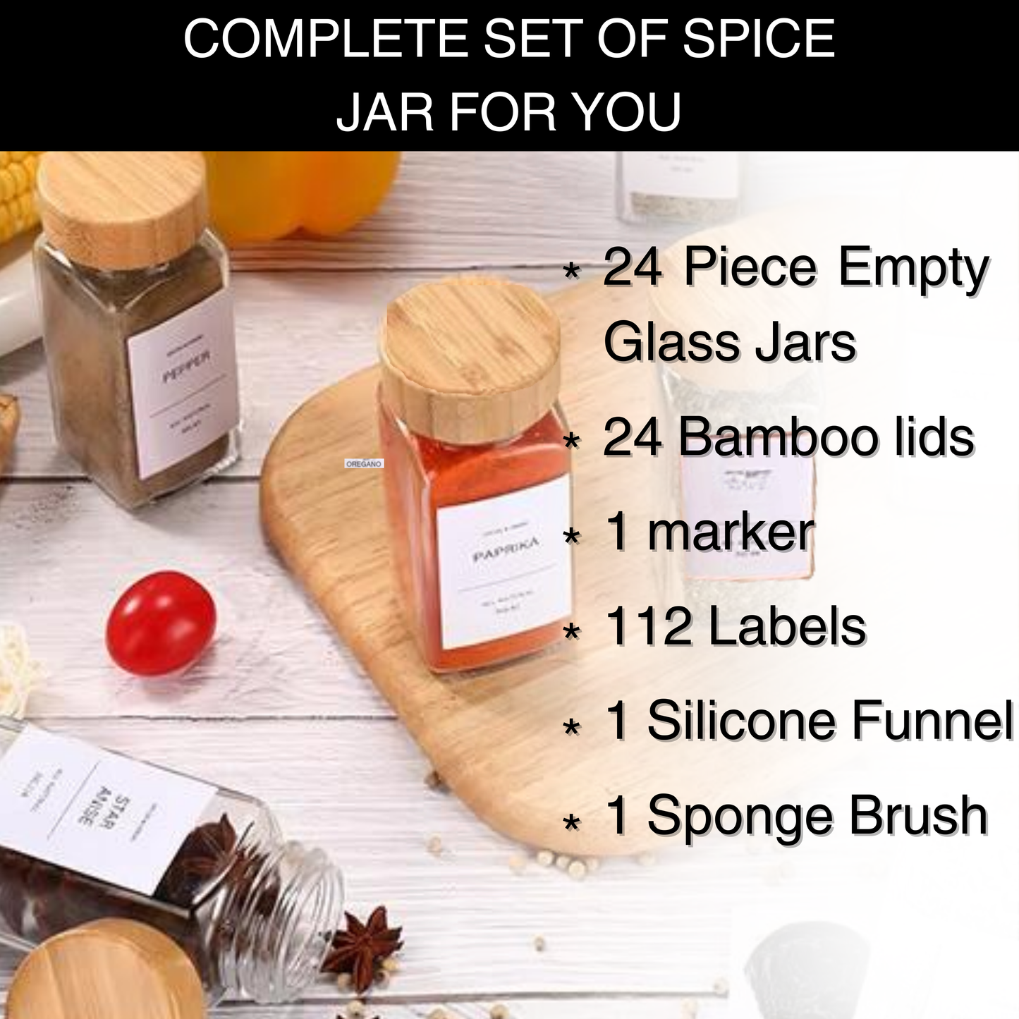 24-pc Set of durable Square Glass Spice Jars with airtight Bamboo Lids