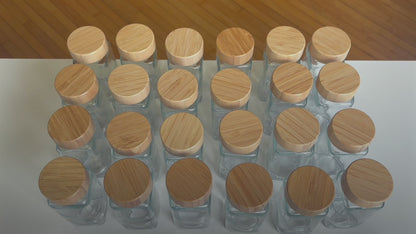 24-pc Set of durable Square Glass Spice Jars with airtight Bamboo Lids